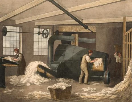 Textile industry The processing of cotton around 1840 Willowing Historical Ilustración de archivo