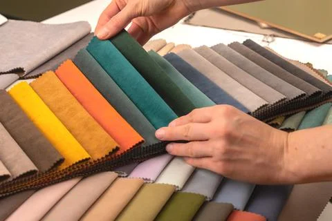 Textile material swatch catalog for interior sofa design. Specialist flippi.. Stock Photos