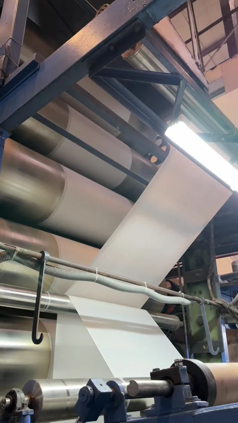 Textile merchandising machine processing white fabric in modern industrial facto Video stock 328002983