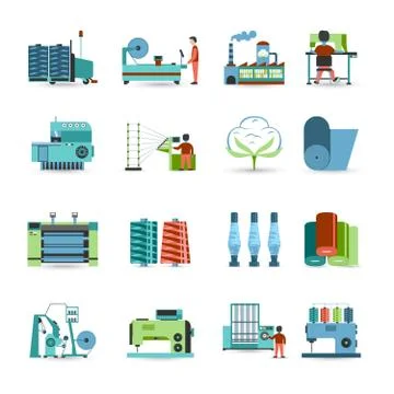 Textile Mill Flat Icons Set Stock-Illustration