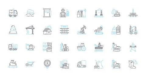 Textile Mill linear icons set. Fabric, Weaving, Spinning, Dyeing, Loom, Yarn Illustrazione stock