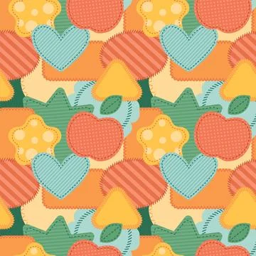 Textile patches seamless pattern. Stitched fabric pieces, patchwork collage イラスト素材