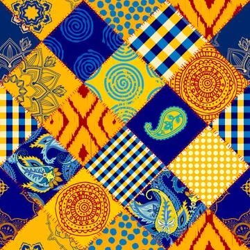 Textile patchwork pattern with blue and yellow colors. Vector image Stock Illustration