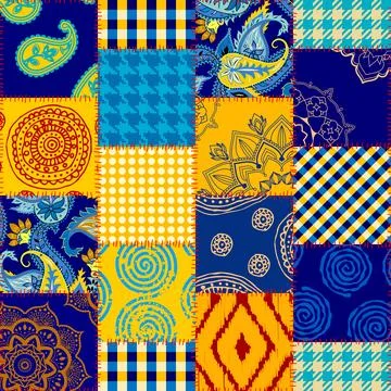Textile patchwork pattern with blue and yellow colors. Vector image Stockillustratie