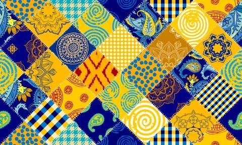 Textile patchwork pattern with blue and yellow colors. Vector image 스톡 일러스트