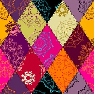 Textile patchwork pattern with Mandala ornament. Vector image イラスト素材