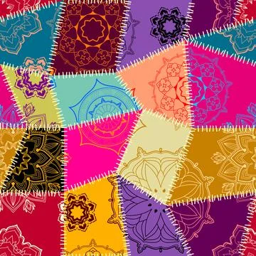 Textile patchwork pattern with Mandala ornament. Vector image Stock Illustration