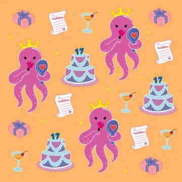 Textile Pattern Octopus Birthday Stock Illustration