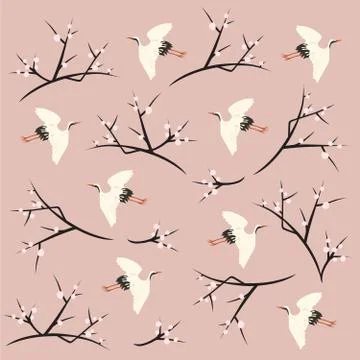 Textile Pattern Sakura and Birds Stock Illustration