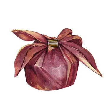 Textile red gift box with bow knot isolated on white background. Watercolor hand Stock Illustration