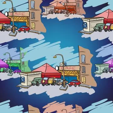 Textile seamless pattern of cafe in the city with car parking Stock Illustration