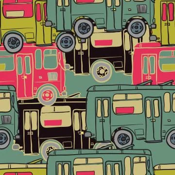 Textile seamless pattern of colored buses Stock Illustration