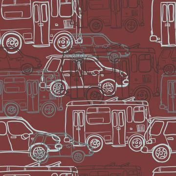 Textile seamless pattern of colored cars and buses Stock Illustration