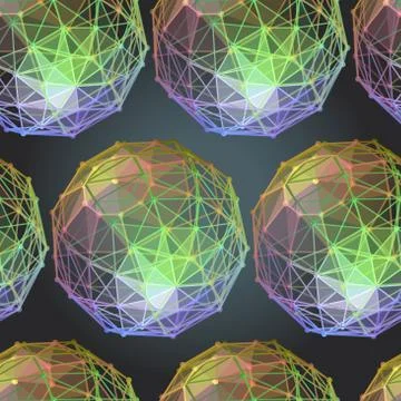 Textile seamless pattern of  spheres polygonal figures on dark b Illustrazione stock