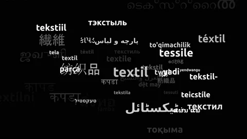 Textile Translated in 59 Worldwide Languages Endless Looping 3d Zooming Wordc Stockbeeldmateriaal 145211238