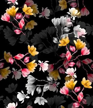 Textile,Flowers,Design,Pattern,With,Black,Background 스톡 일러스트