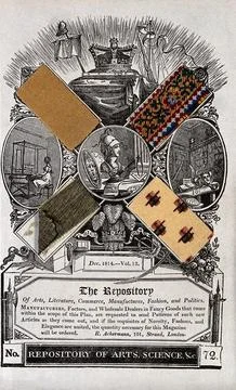 Textiles: four fabric samples mounted on a printed background. Wood engravi.. Stock Illustration