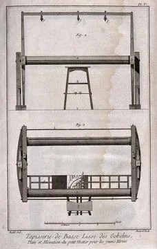 Textiles: tapestry weaving, a small loom for child apprentice weavers to le.. イラスト素材