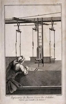 Textiles: tapestry weaving, a weaver working by the light of a candle in a .. Stock Illustration