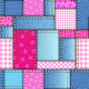Textille patchwork pattern. Pink and denim in Barbie style. Seamless Vector.. Stock Illustration