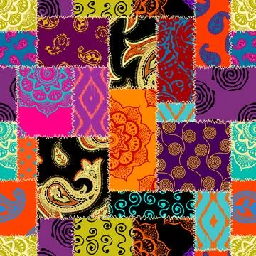 Textille patchwork pattern. Seamless Vector image. Bright tribal patchwork. Stock Illustration