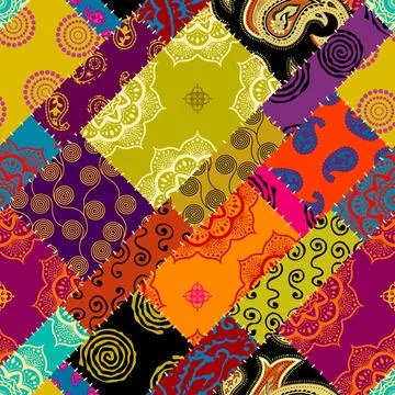 Textille patchwork pattern. Seamless Vector image. Bright tribal patchwork. Illustrazione stock
