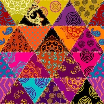 Textille patchwork pattern. Seamless Vector image. Bright tribal patchwork. 库存插图