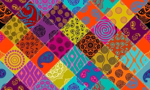 Textille patchwork pattern. Seamless Vector image. Bright tribal patchwork. 스톡 일러스트