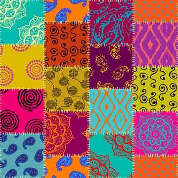 Textille patchwork pattern. Seamless Vector image. Bright tribal patchwork. 스톡 일러스트