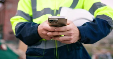 Texting, cellphone and hands of construction worker on site with chatting, Vídeos de archivo 337037786