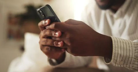 Texting, chat and hands in home with phone, online communication and post r.. Stock Photos
