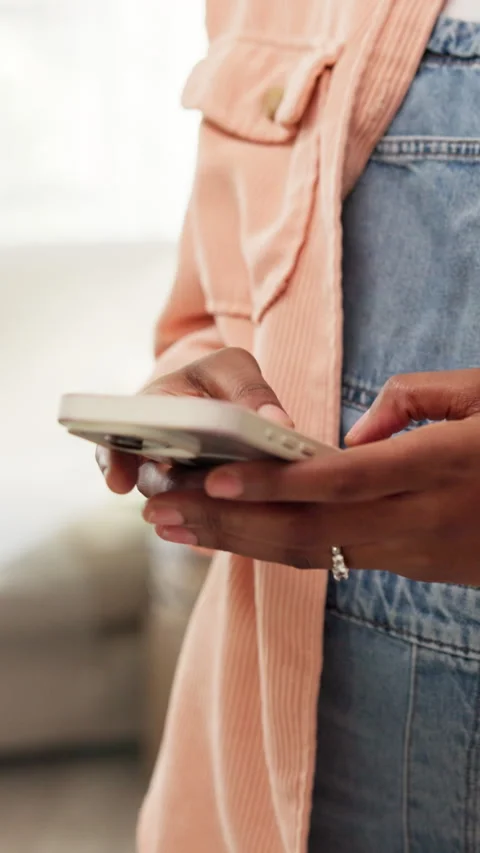 Texting, message and hands in house with phone, online chat and post reaction on Stock Footage 340004444