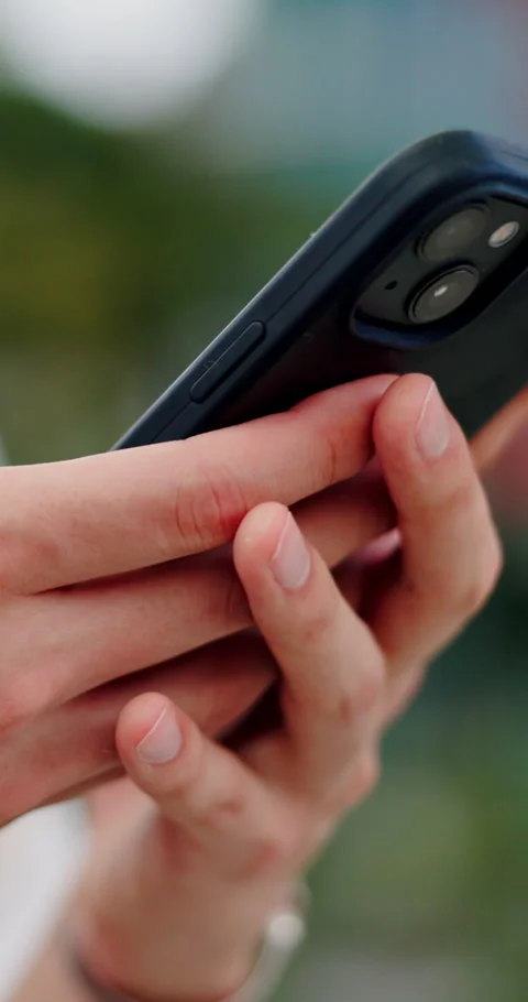 Texting, phone and hands in town with connection, online communication or chat Stock Footage 341092644