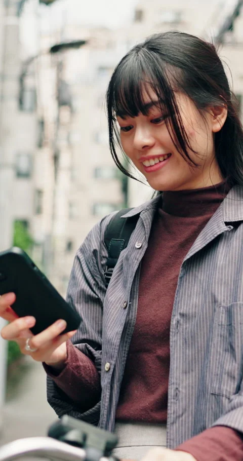 Texting, phone or university student in city with bicycle, online chat or comic Stock Footage 341101135