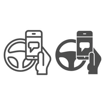 Texting while driving line and solid icon. Smartphone threat and steering wheel Stock Illustration