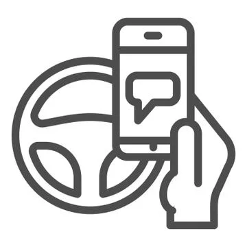Texting while driving line icon. Smartphone threat and steering wheel symbol Stock Illustration