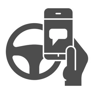 Texting while driving solid icon. Smartphone threat and steering wheel symbol Stock Illustration