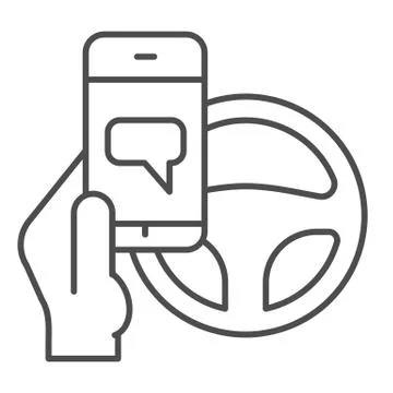Texting while driving thin line icon. Smartphone threat and steering wheel Stock Illustration