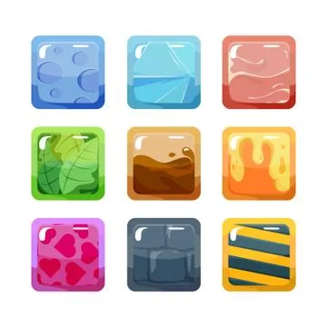 Textural game buttons set. Colored design square green leaves hearts in red blue Stock Illustration