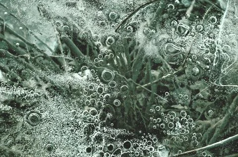Texture abstract closeup background ice with bubbles of air caught by frost in Stock Photos