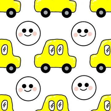 Texture abstract yellow cars and smile icons seamless pattern background Stock Illustration