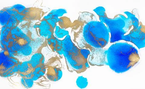 Texture of alcohol ink in blue tones with gold on white background. Stock Photos