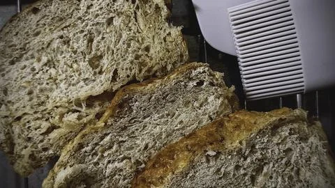 Texture and surface of sliecd Fresh Homemade coarse whole wheat bread in tray Stock Photos