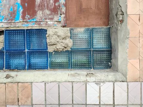Texture background of old broken glass blocks for mockup or design pattern in Stock Photos