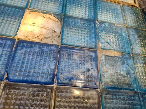 Texture background of old broken glass blocks for mockup or design pattern in Stock Photos