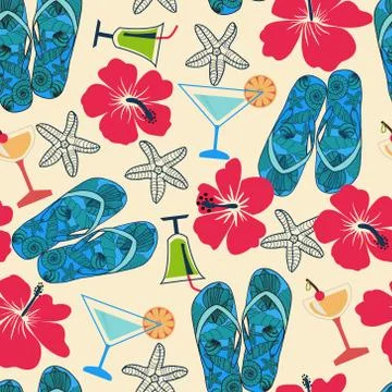 Texture with beach objects: hibiscus, cocktail, sea star, flip flops. Stock Illustration