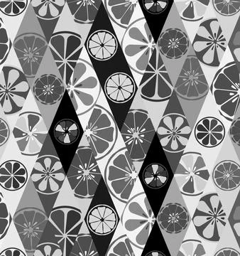 Texture black and white with a pattern of lemons limes oranges citrus fresh f Stock Illustration