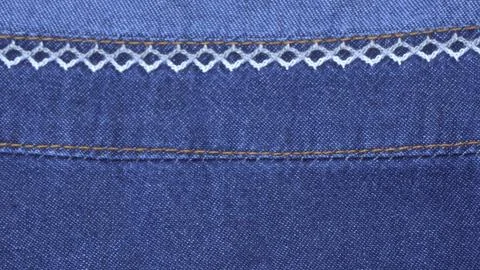 Texture of blue denim jeans with strings and stitching Stock-Fotos