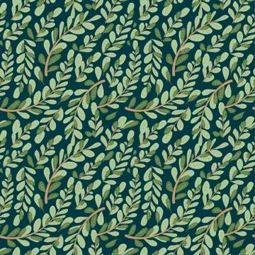 Texture of the branches with leaves. Seamless pattern in dark green backgroun 스톡 일러스트