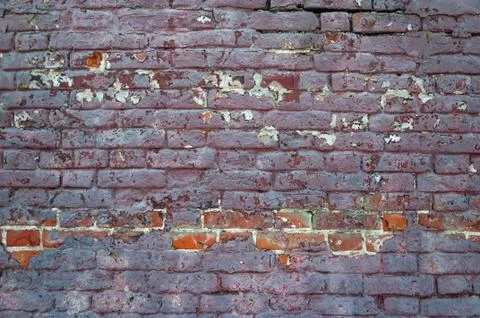The texture of the brickwork of red brick with peeling purple paint Stock Photos